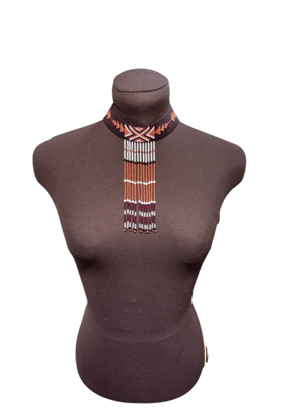 Handmade Beaded Choker Boho Tribal Fringe Necklace Brown Earth Tone Festival